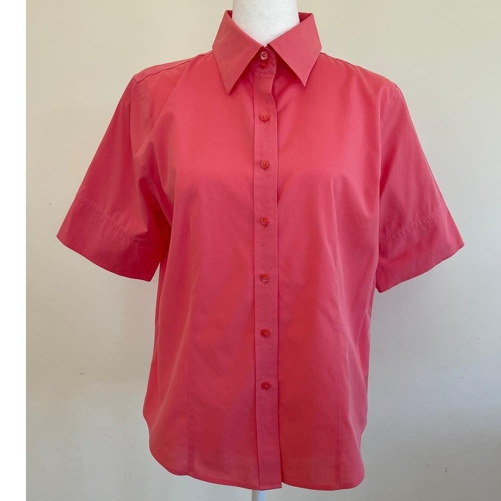 Talbots Petites Coral Pink Short Sleeve‎ Button Down Shirt Wrinkle Resistant 10P